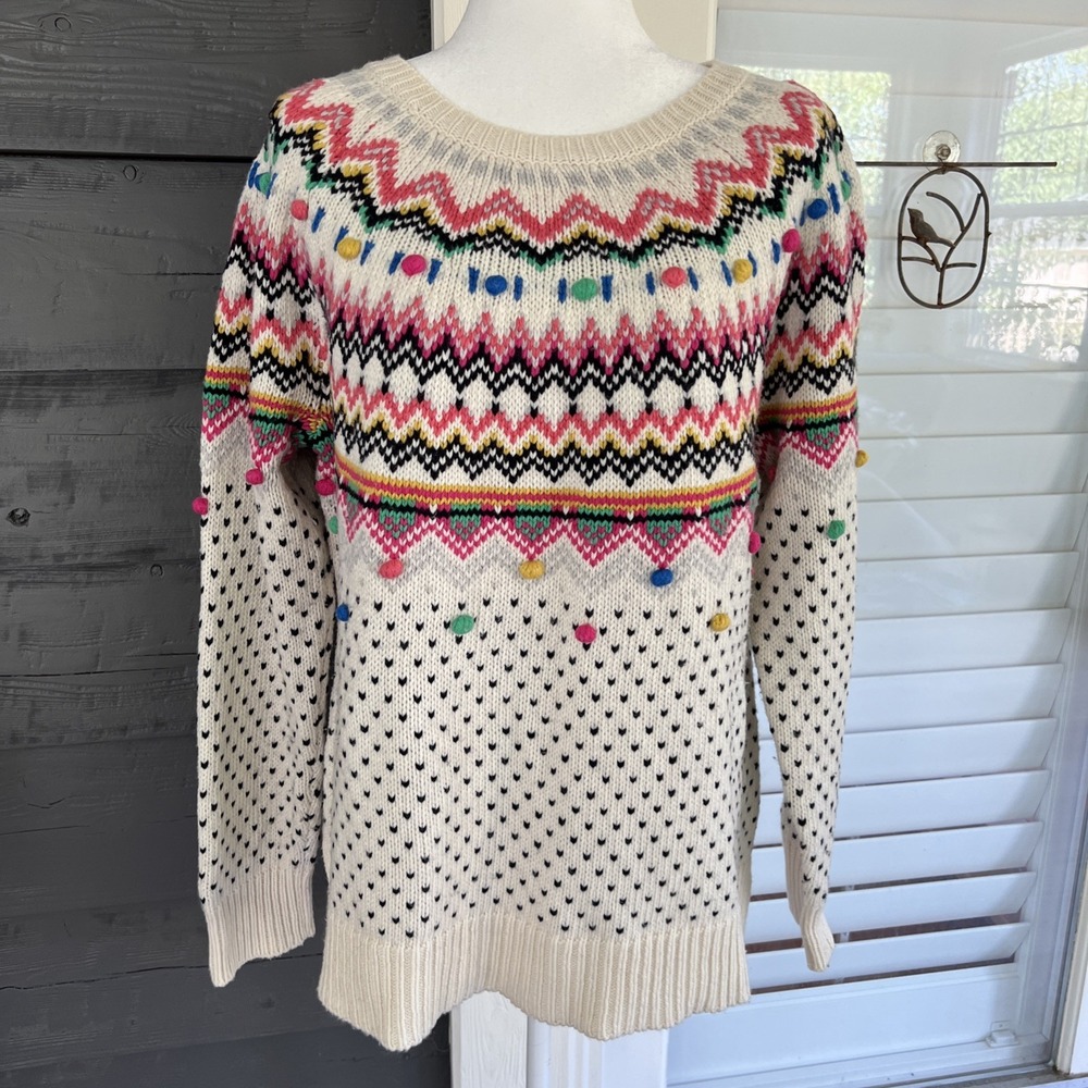 Talbots XL Whimsical Fair Isle Pom Pom Pullover Sweater Faux Back Buttons 3D